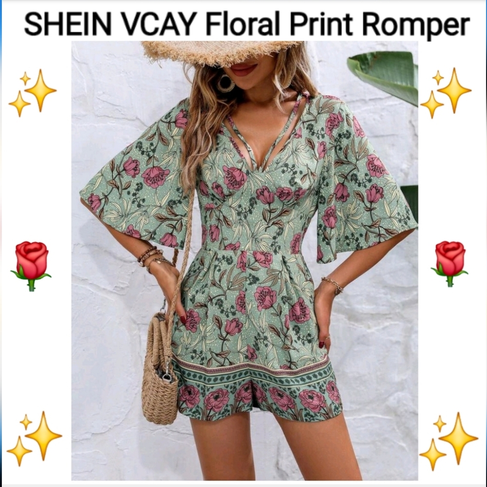 SHEIN Chic Floral Romper in Green and Pink, Size L